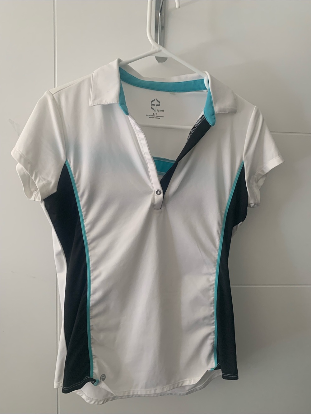 4/$20 Sporty Women's White Polo Top with Black and Teal Trim A15